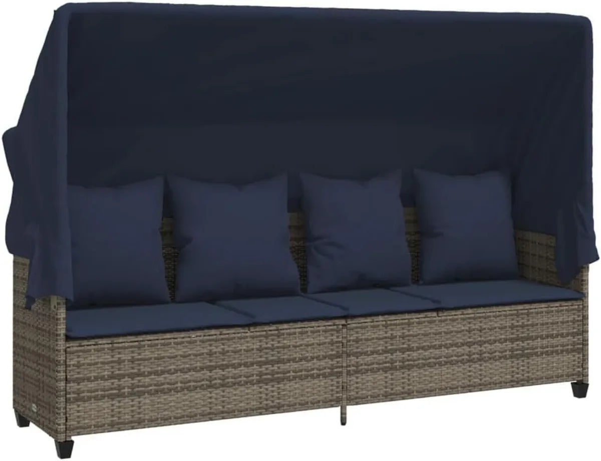 Lettino prendisole in polyrattan grigio con tettoia e cuscino regolabile