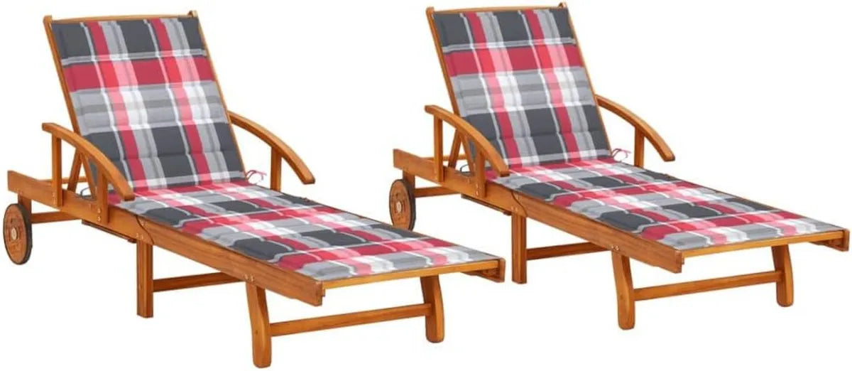 Set di 2 lettini prendisole in legno di acacia con schienale regolabile e cuscini, mobili da giardino con ruote per facile spostamento