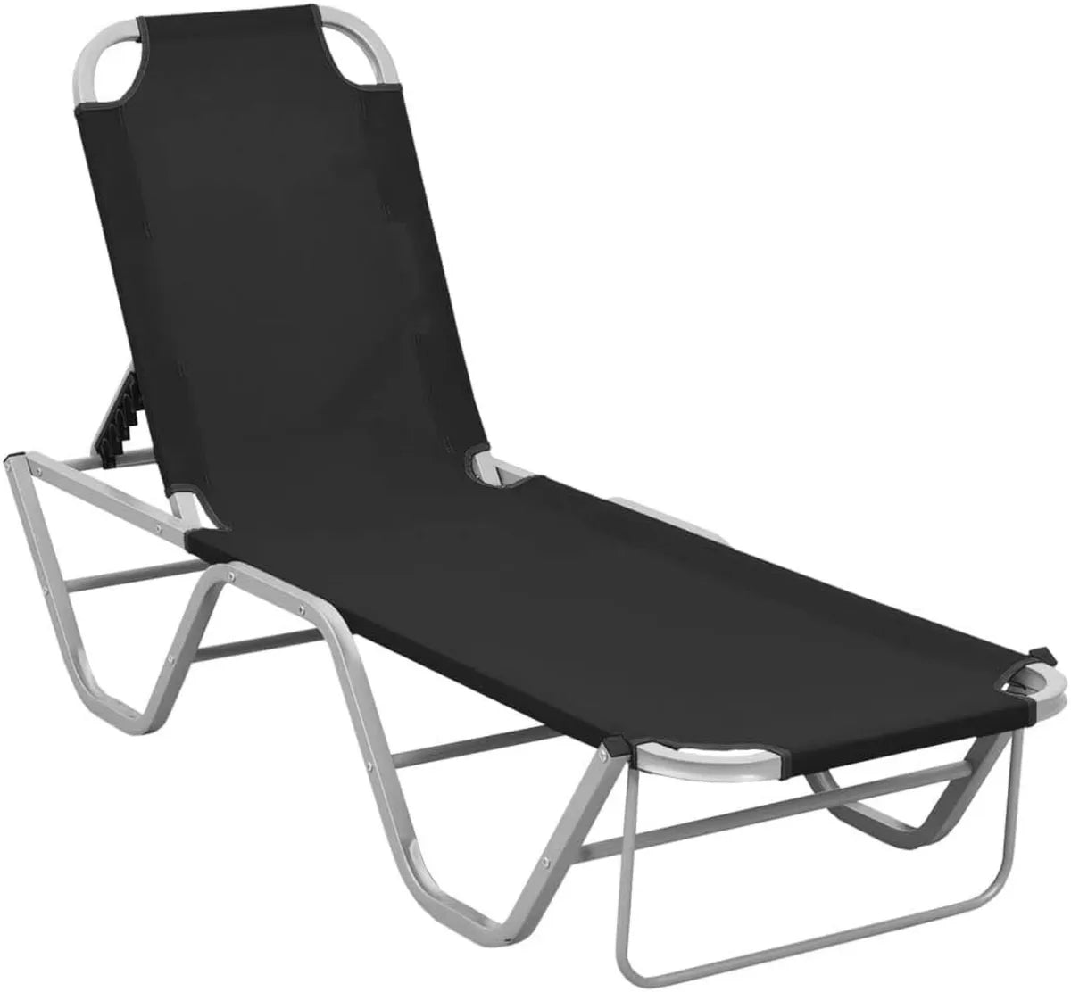 Chaise longue regolabile in alluminio e tessuto nero, pieghevole per giardino e spiaggia