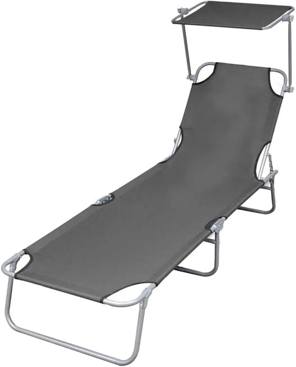 Sedia a sdraio pieghevole ergonomica grigia con schienale regolabile e parasole in acciaio resistente, 189x58x27 cm, ideale per terrazza e balcone