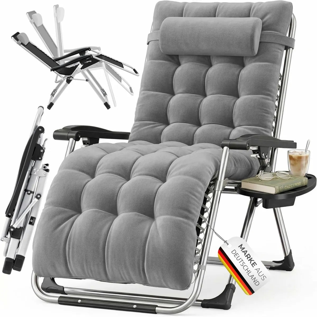 Sedia a Sdraio Pieghevole KESSER® con Portabicchieri e Cuscino, Extra Large, Schienale Regolabile