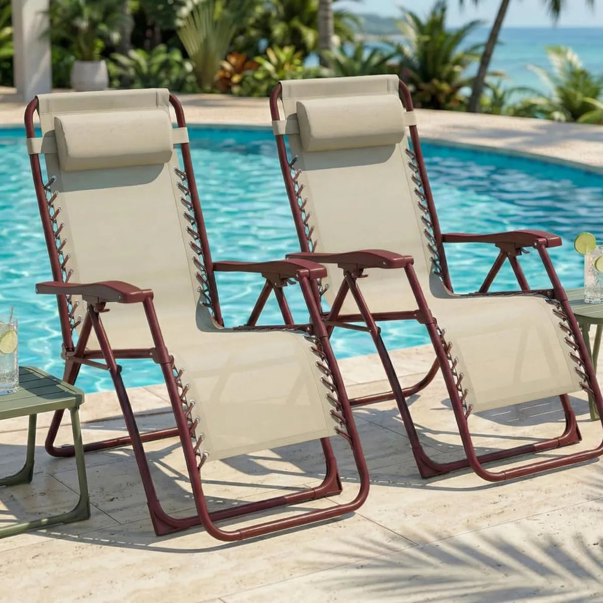 Poltrone Relax Pieghevoli in Acciaio e Textilene, Set di 2, per Giardino e Campeggio, Colore Terracotta