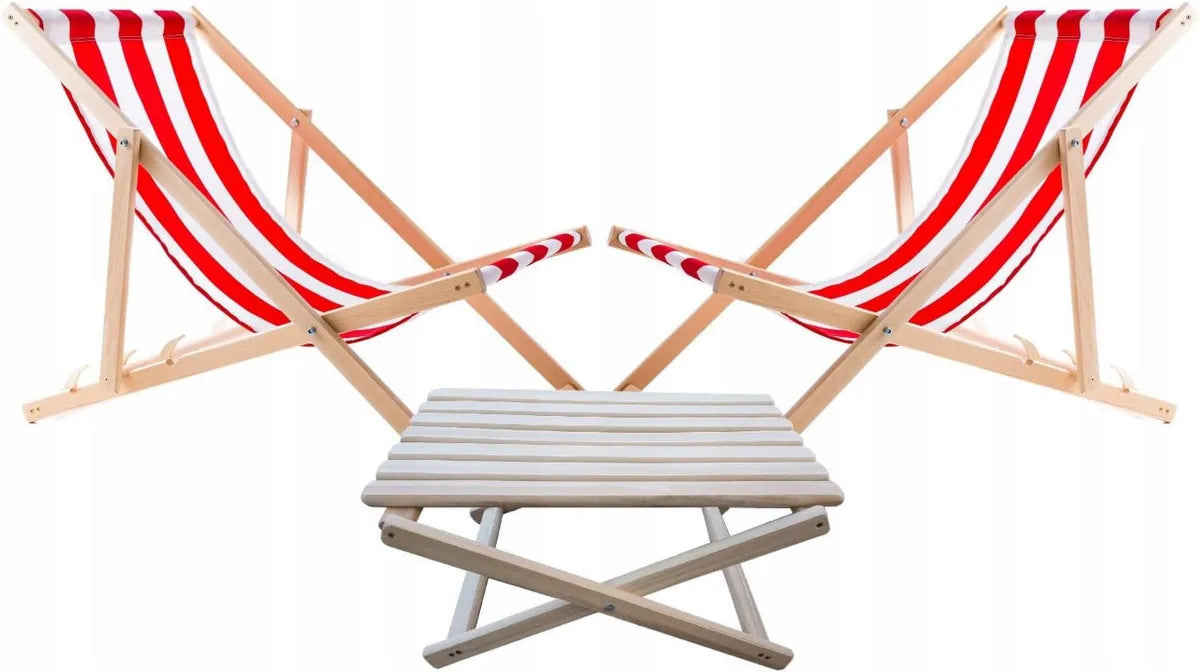 Set 2 Sdraio e Tavolino in Faggio, Schienale Regolabile, Tessuto Traspirante, Portata 120 kg, Resistente, Righe Rosse