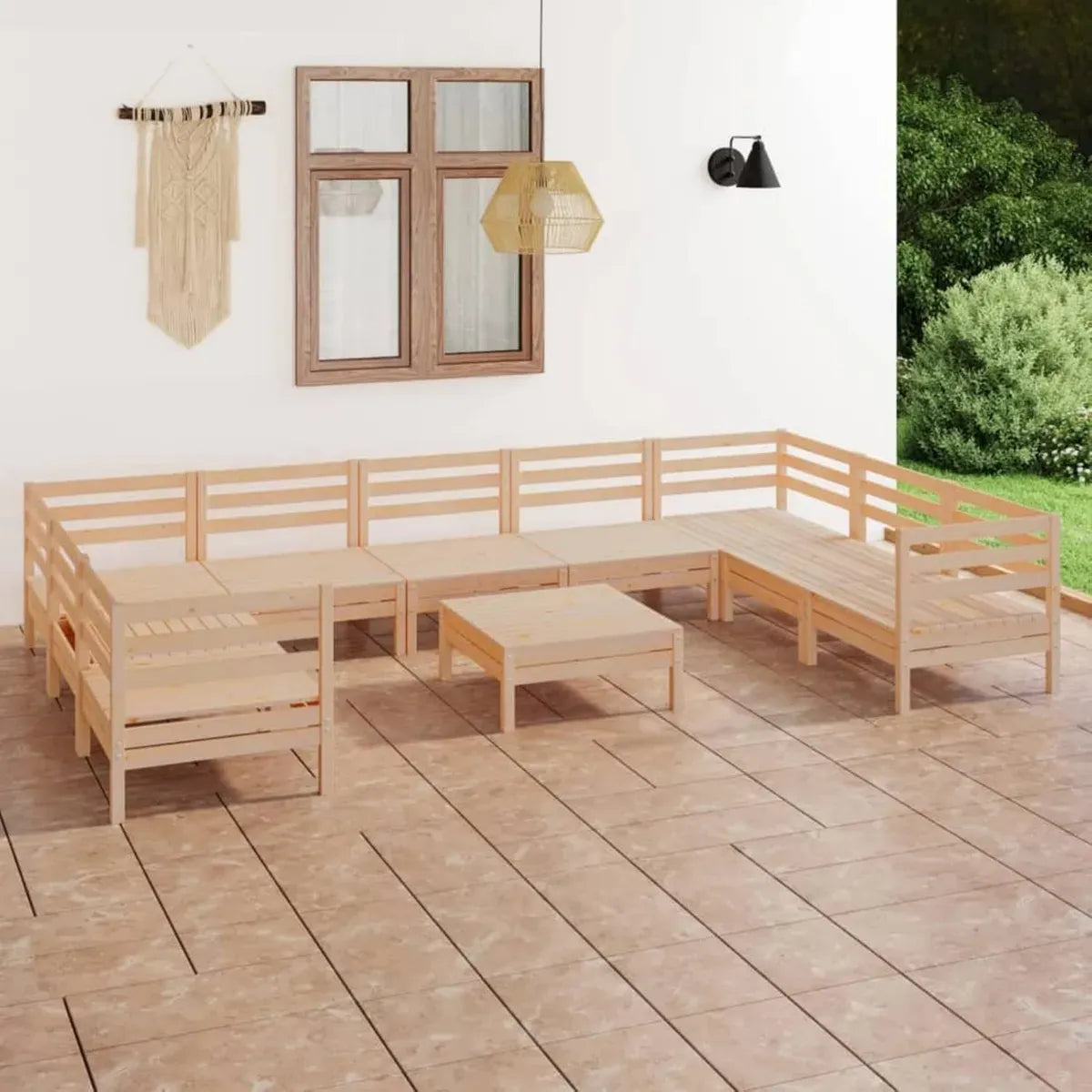Set Arredo Giardino 10 Pezzi in Pino Massiccio, Sdraio e Divano Letto da Esterno