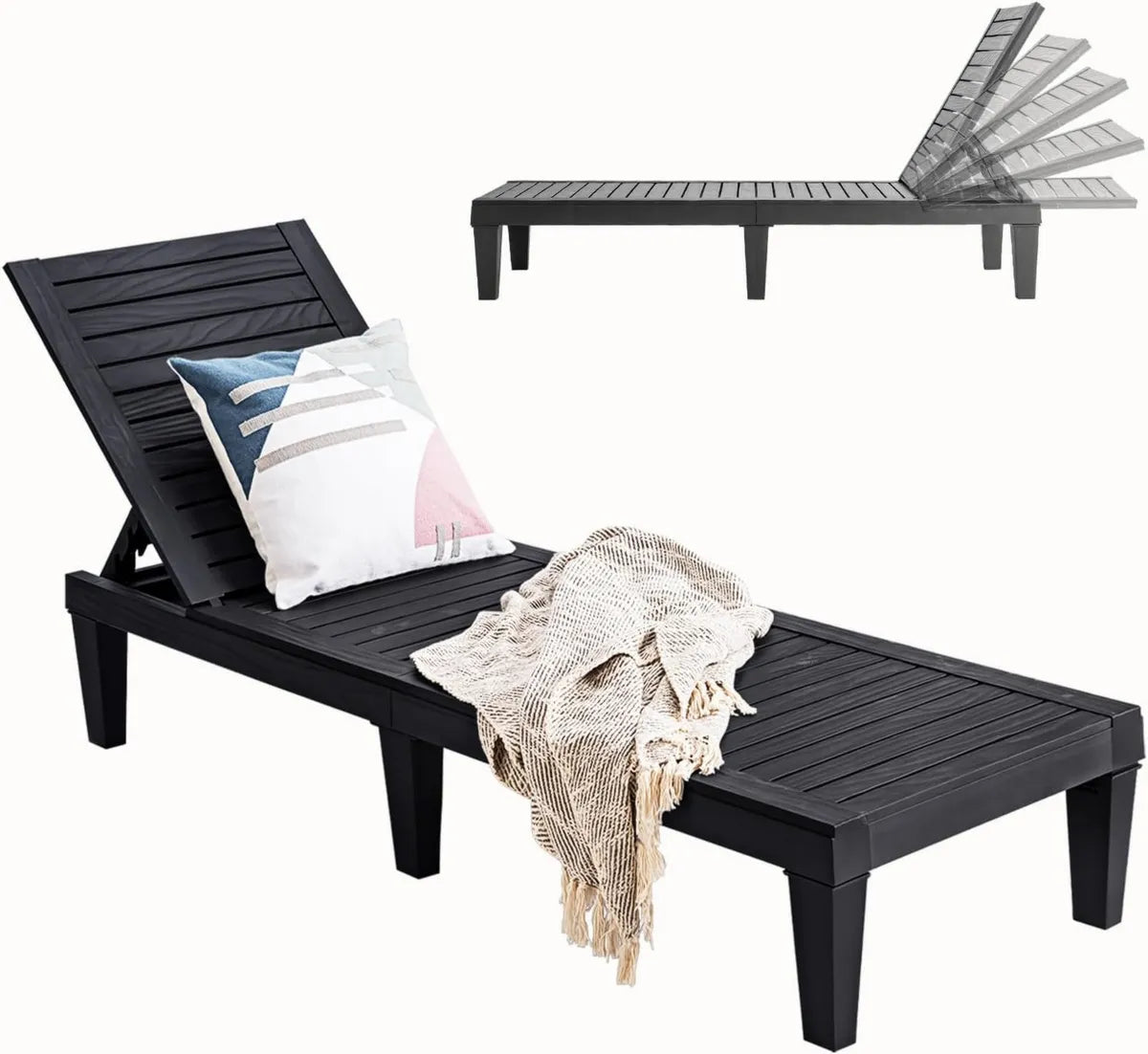 Lettino Prendisole Regolabile a 5 Posizioni con Braccioli, Capacità 180 kg, Ideale per Giardino e Spiaggia, 190 x 57,5 x 29 cm, Colore Nero
