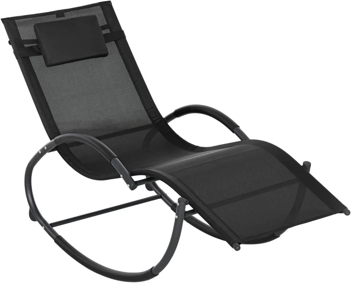 Poltrona A Dondolo Ergonomica da Giardino con Poggiatesta Rimovibile in Textilene, Lettino Relax per Esterni, Nero