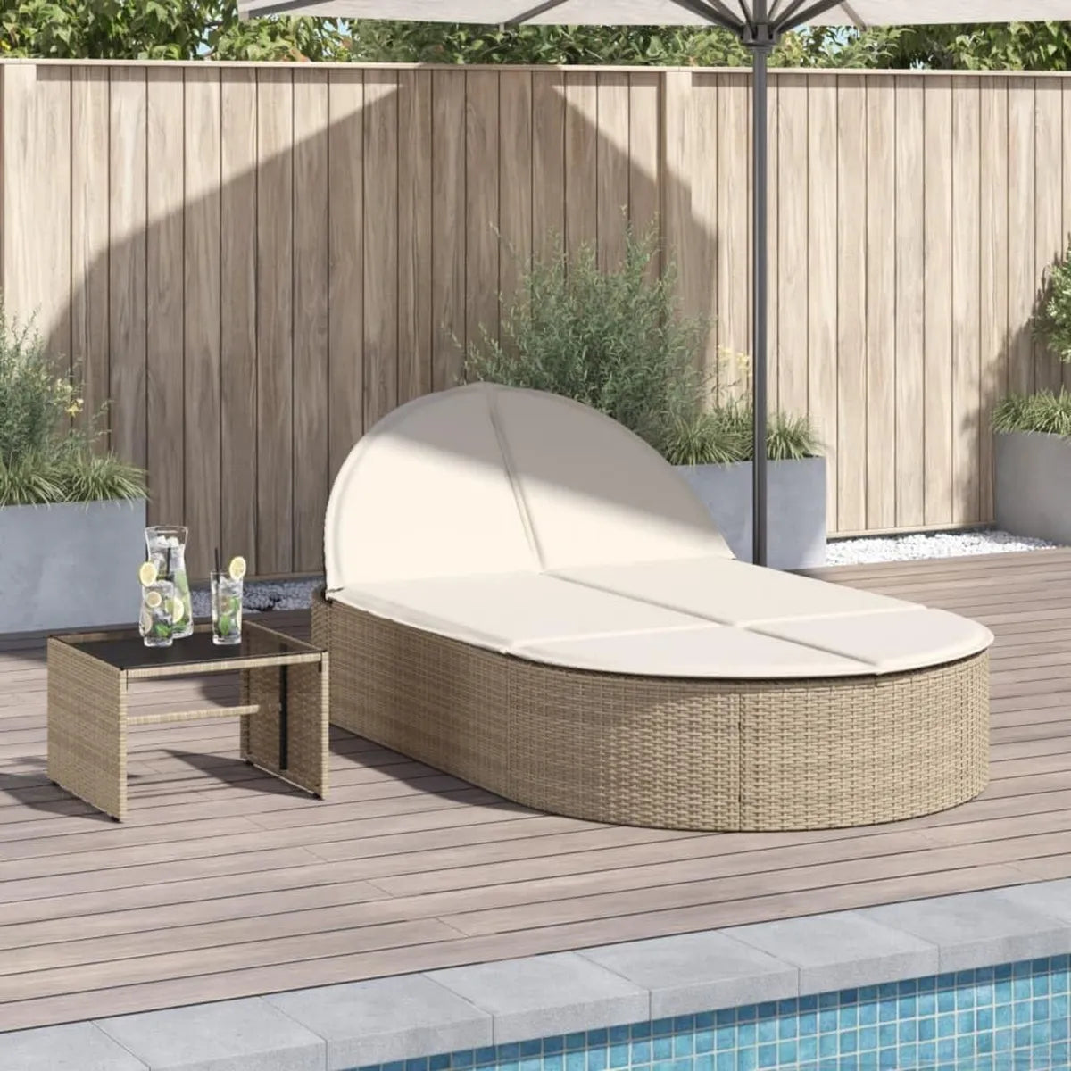 Lettino doppio in rattan sintetico regolabile con cuscini beige per giardino