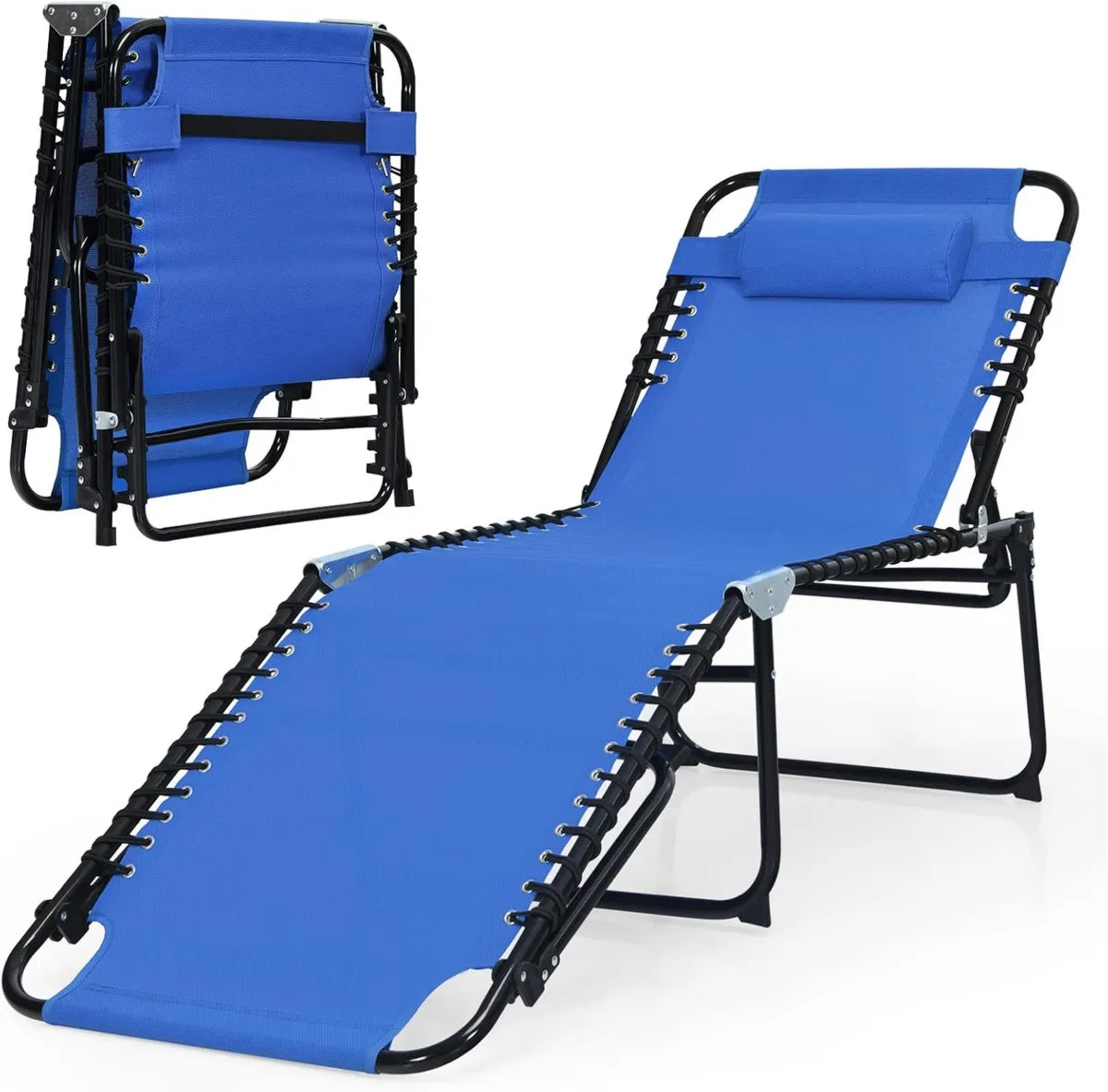 Sedia a Sdraio Pieghevole Blu con Schienale Regolabile e Poggiatesta, Portata 120 kg