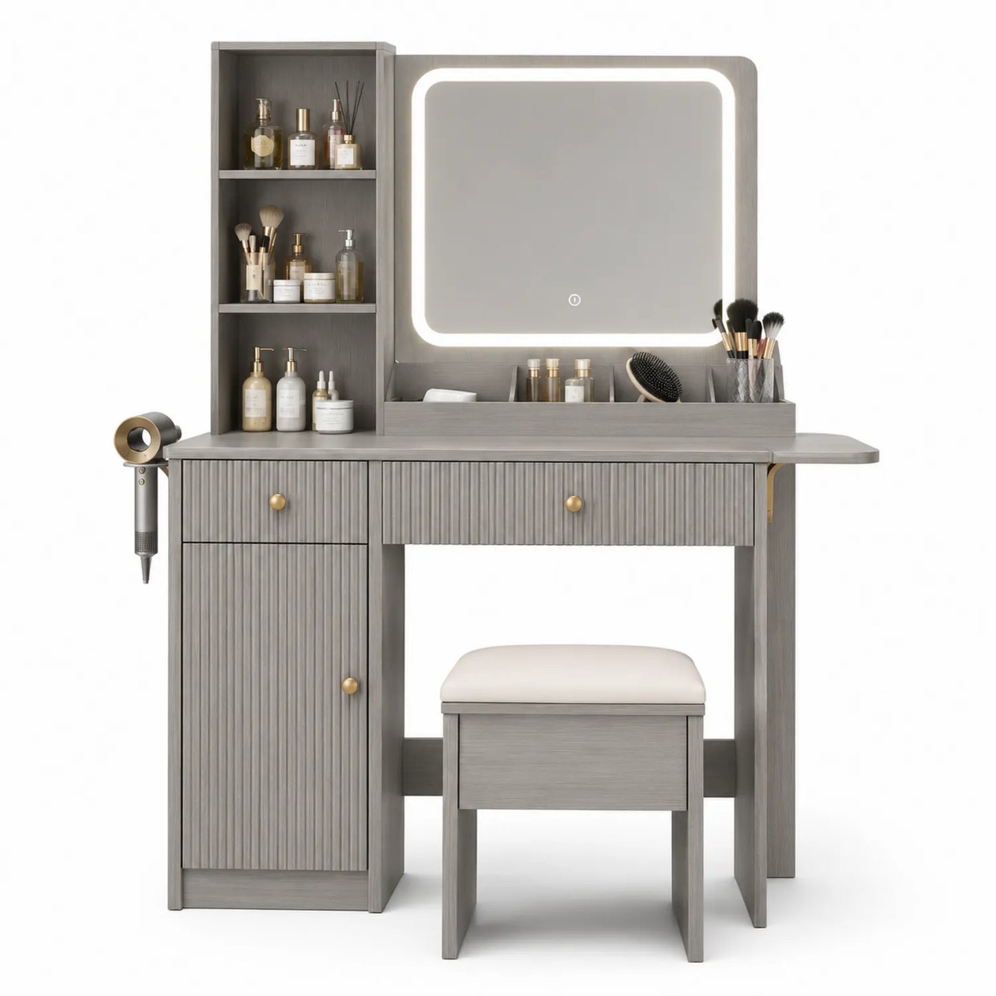 Toletta con Specchio LED e Sgabello in Legno MDF Grigio