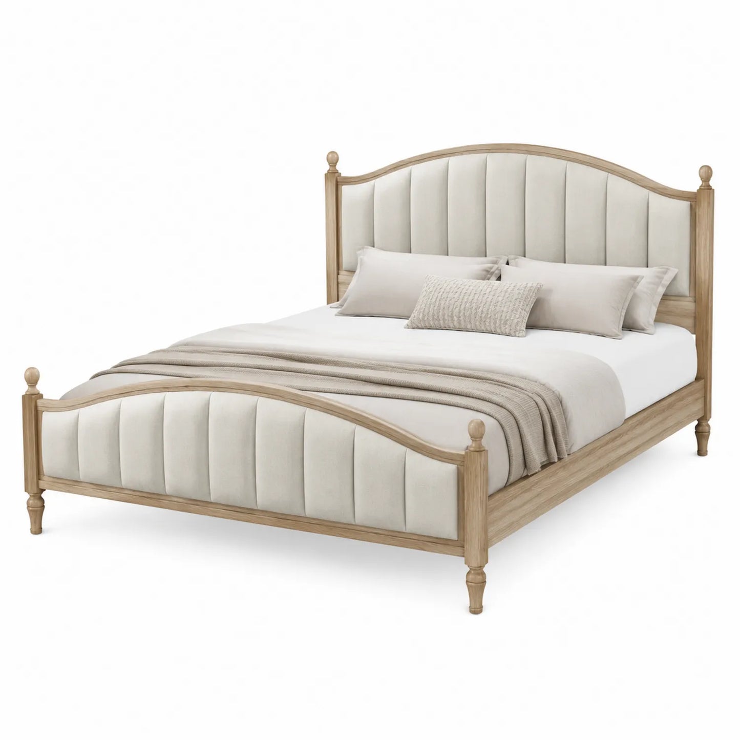 Letto Matrimoniale Imbottito in Legno con Rivestimento in Tessuto Beige