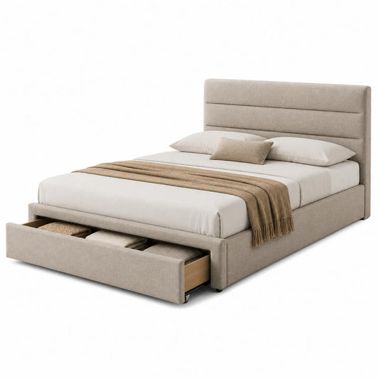 Letto matrimoniale contenitore in tessuto beige 160x200 cm