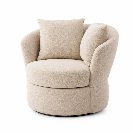 Poltrona girevole in bouclé beige con cuscino imbottito