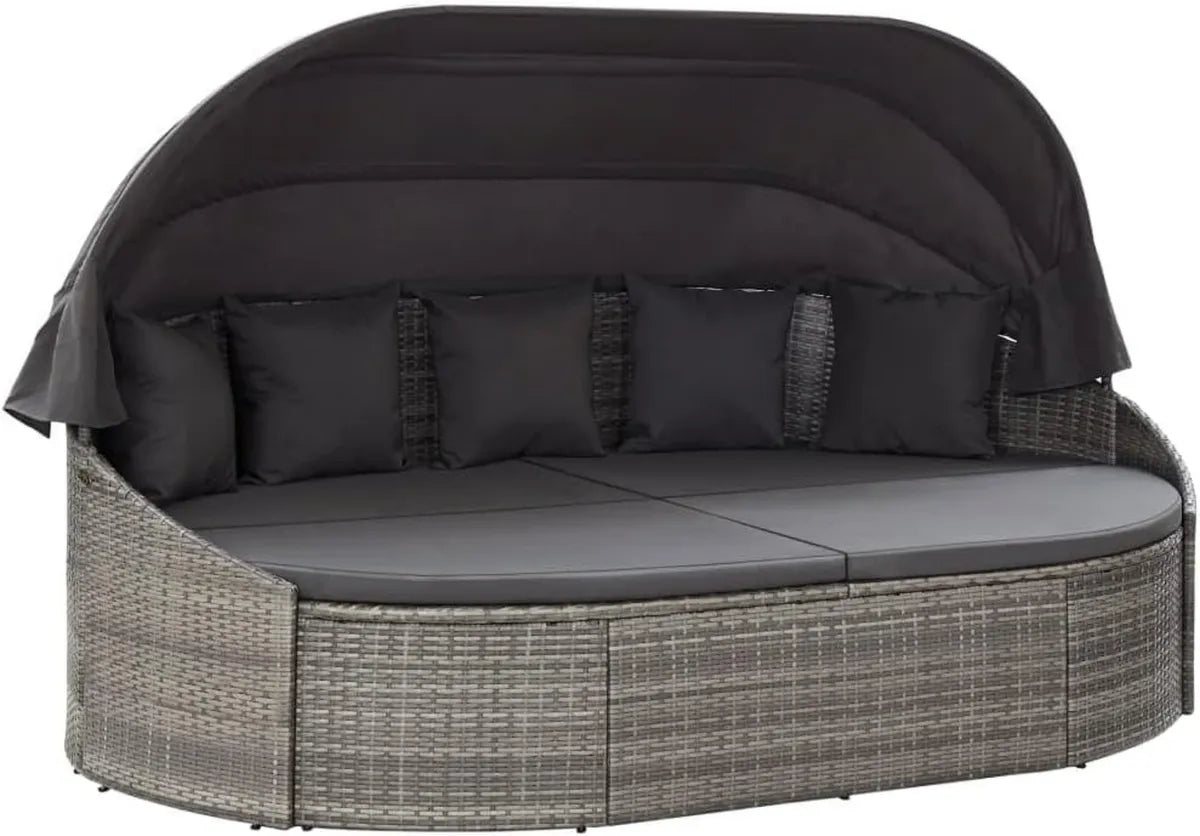 Sdraio da Giardino in Rattan con Tettuccio e Cuscino, Grigio e Impermeabile, Regolabile per Terrazza