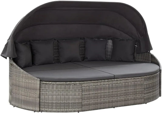 Sdraio da Giardino in Rattan con Tettuccio e Cuscino, Grigio e Impermeabile, Regolabile per Terrazza