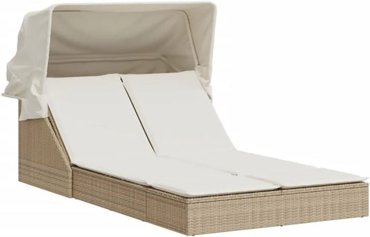 Lettino Doppio in Polyrattan con Tettuccio Retrattile e Cuscini, Divano Relax Regolabile per Giardino, Resistente UV, 200x105 cm