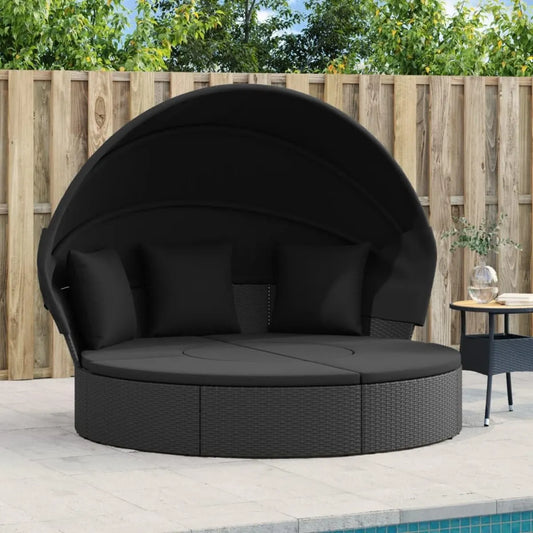 Lettino da Esterno in Polyrattan Nero, Resistente con Tetto e Cuscini