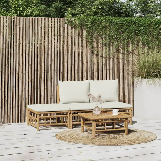 Set Salotto da Giardino in Bambù con Cuscini Crema - 6 Pezzi per Terrazza