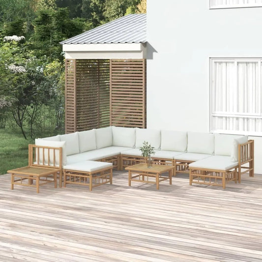 Set Salotto da Giardino in Bambù con Cuscini Crema - 6 Pezzi