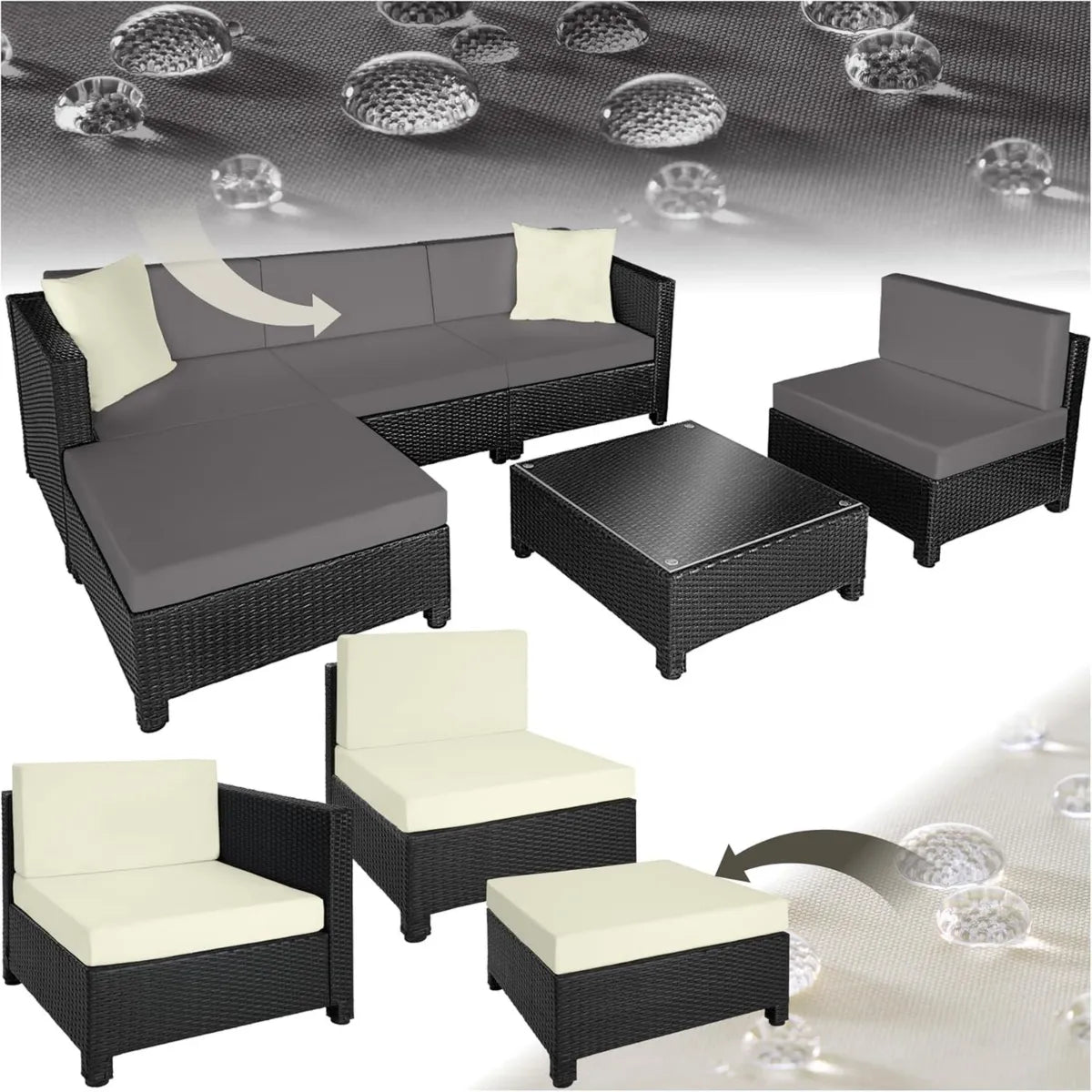 Salotto da Giardino in Polyrattan con Telaio in Alluminio, Set 4 Pezzi con Tavolo in Vetro, Cuscini Spessi 10cm, Design Moderno, Ideale per Terrazza e Balcone - Nero