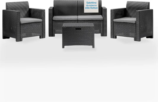Set Salotto da Giardino in Polipropilene Rattan Impermeabile Antracite