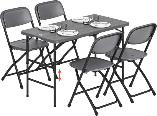 Set Mobili da Giardino Pieghevoli 5 Pezzi in HDPE, Tavolo Regolabile Effetto Legno con 4 Sedie, Ideale per Terrazza e Balcone, Colore Grigio Scuro