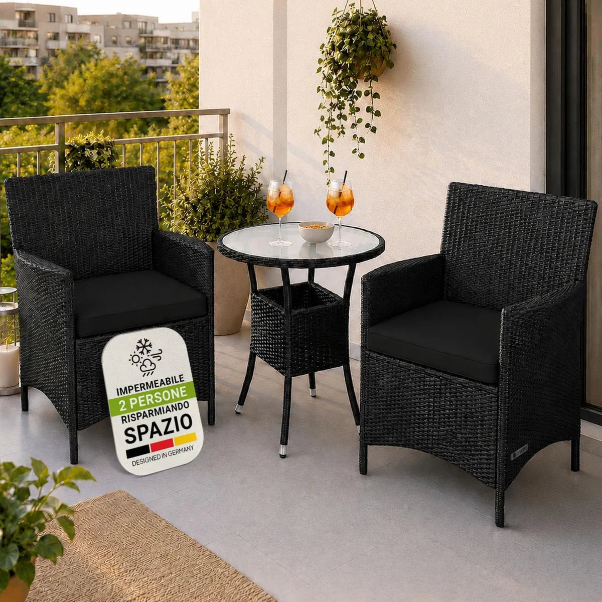 Set da Giardino in Polyrattan per 2 Persone con Tavolo in Vetro e Sedie