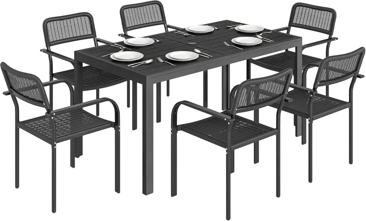 Set Pranzo da Giardino 7 Pezzi in Rattan e Metallo con Foro Ombrellone