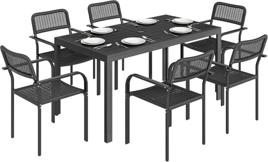 Set Pranzo da Giardino 7 Pezzi in Rattan e Metallo con Foro Ombrellone