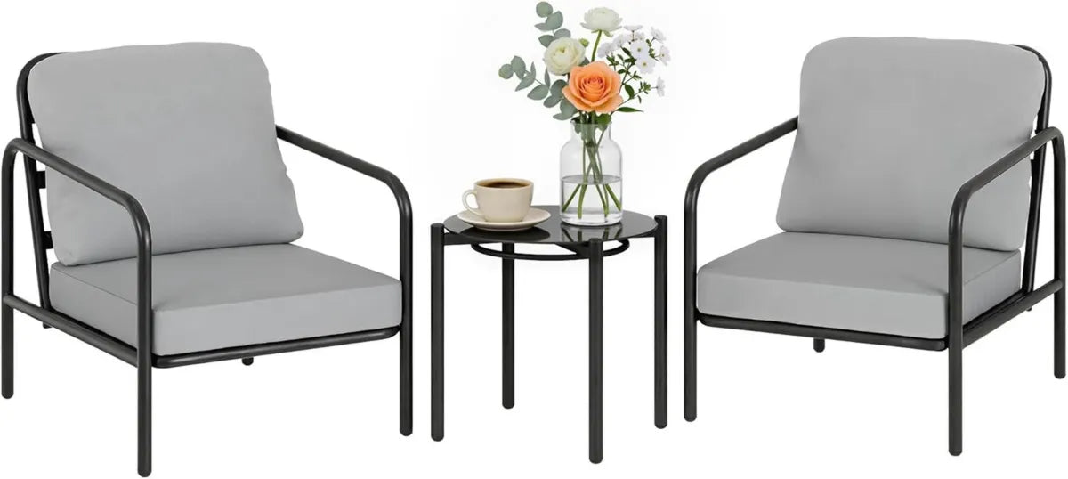 Set Bistro da Giardino Outsunny 3 Pezzi: Sedie con Cuscini e Tavolino in Vetro, Colore Nero e Grigio