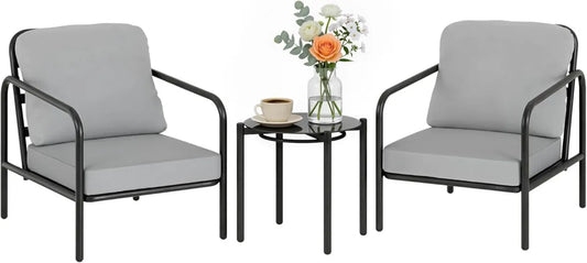 Set Bistro da Giardino Outsunny 3 Pezzi: Sedie con Cuscini e Tavolino in Vetro, Colore Nero e Grigio