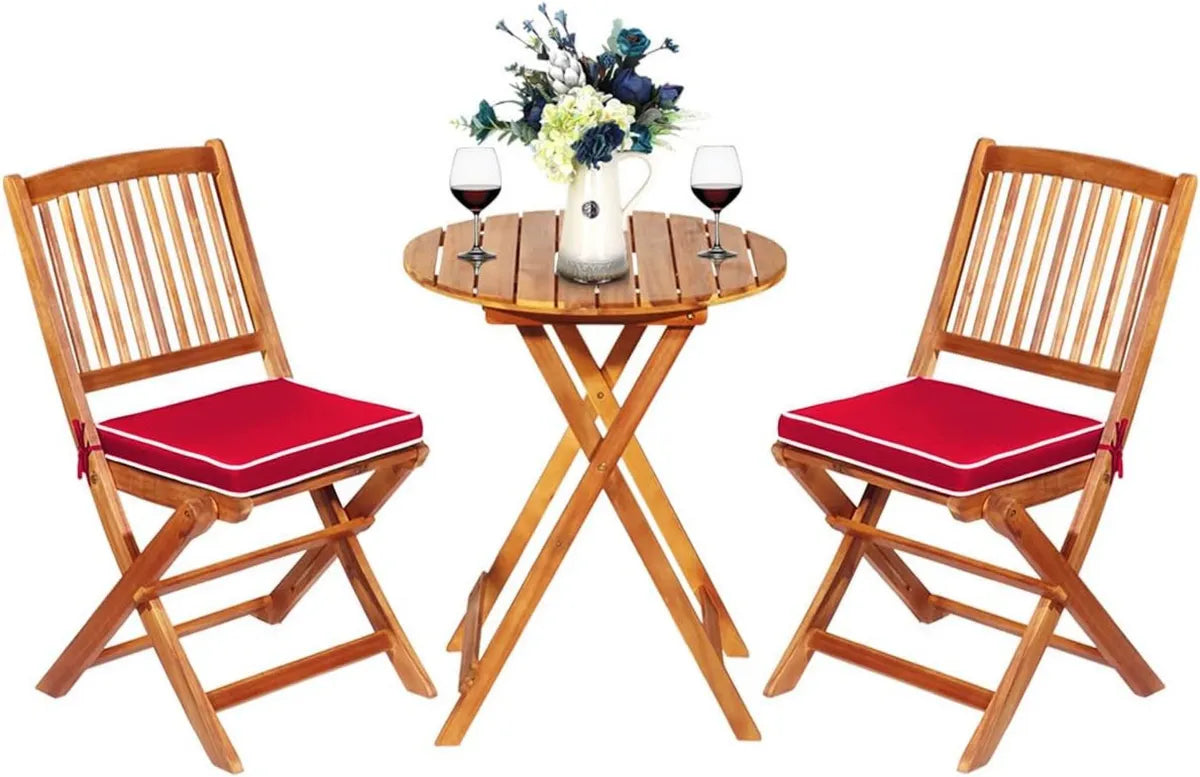 COSTWAY Set Bistro 3 Pezzi in Legno di Acacia con Cuscini Rossi, Tavolino e Sedie da Giardino Pieghevoli