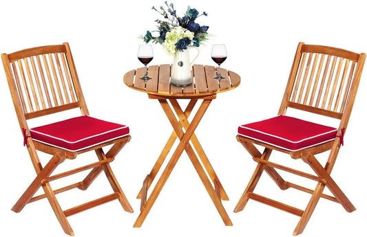 COSTWAY Set Bistro 3 Pezzi in Legno di Acacia con Cuscini Rossi, Tavolino e Sedie da Giardino Pieghevoli
