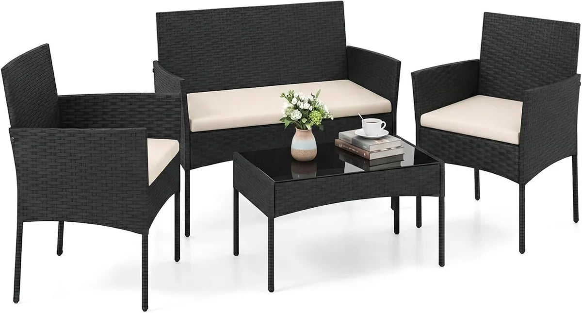Set Arredo Giardino 4 Pezzi in Rattan con Cuscini Beige