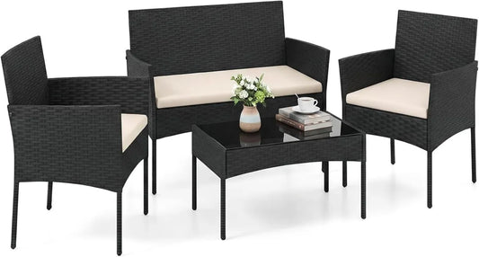 Set Arredo Giardino 4 Pezzi in Rattan con Cuscini Beige