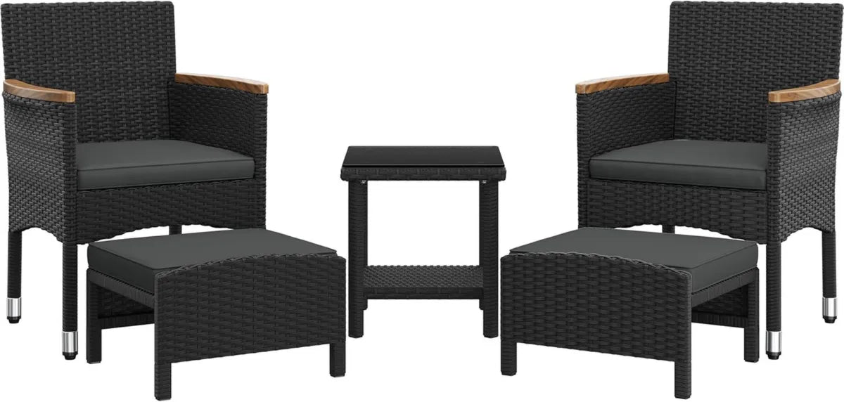 Set da Giardino in Rattan PE con Poltrone e Tavolino, 5 Pezzi, Nero/Grigio