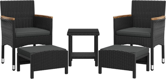 Set da Giardino in Rattan PE con Poltrone e Tavolino, 5 Pezzi, Nero/Grigio