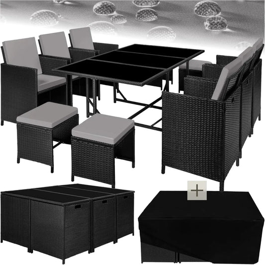 Set Mobili da Giardino in Poli Rattan con Tavolo in Vetro, Sedie e Sgabelli - Nero/Grigio