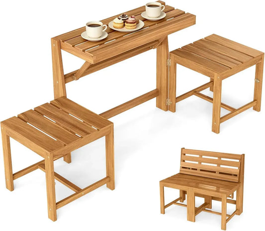 Set Mobili da Giardino 3 in 1 in Legno di Acacia, Tavolo e Panchina Trasformabili con Porta Piante a Doppio Livello