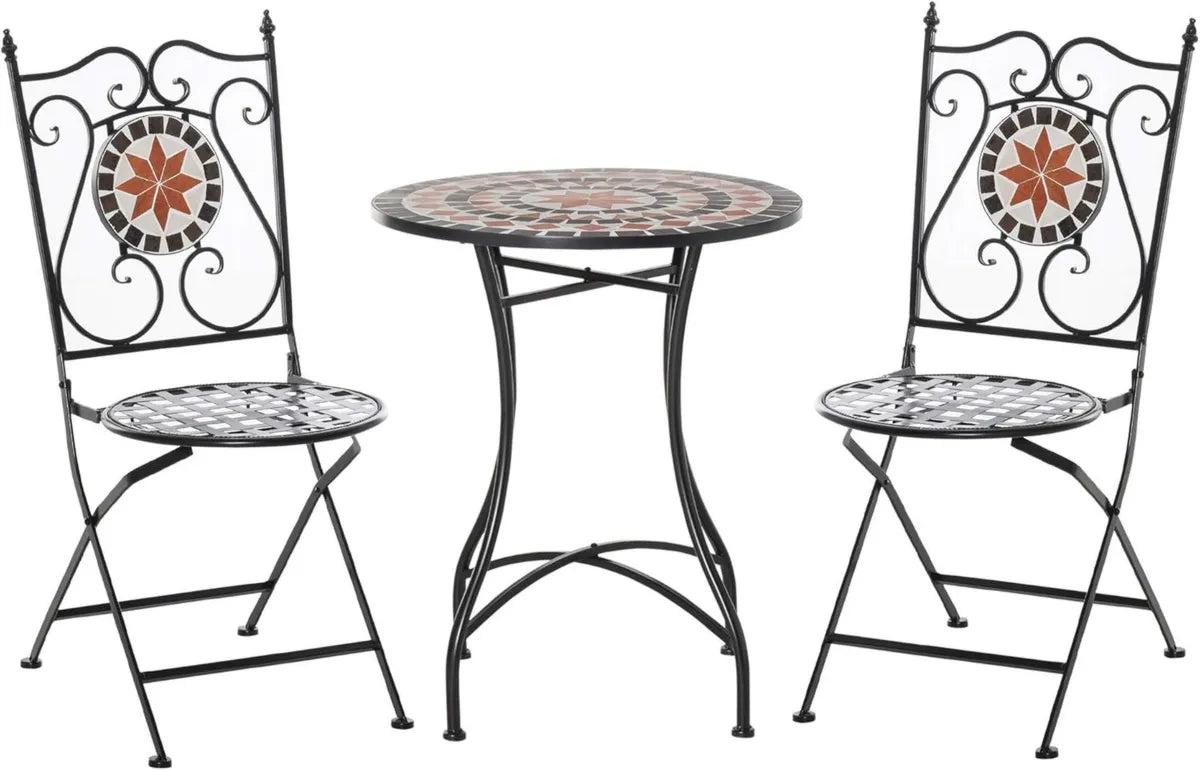 Set da Giardino Outsunny: Tavolino Mosaicato e Sedie Pieghevoli in Metallo e Ceramica