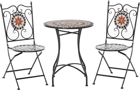 Set da Giardino Outsunny: Tavolino Mosaicato e Sedie Pieghevoli in Metallo e Ceramica