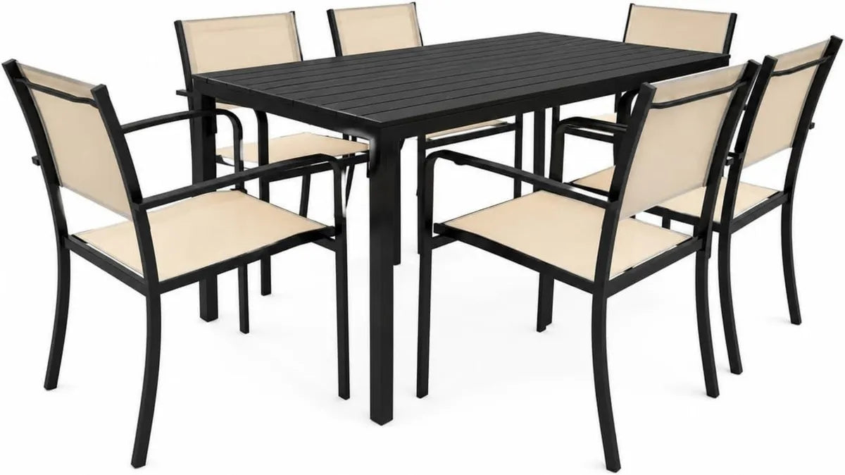 Set Tavolo e Sedie da Giardino Effetto Legno con 6 Sedie Impilabili