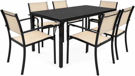 Set Tavolo e Sedie da Giardino Effetto Legno con 6 Sedie Impilabili