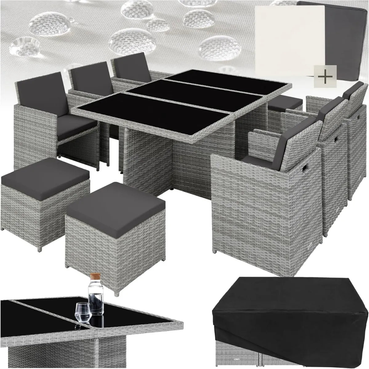 Set Mobili da Giardino in Polyrattan con Tavolo e Sedie, Alluminio, Grigio Chiaro