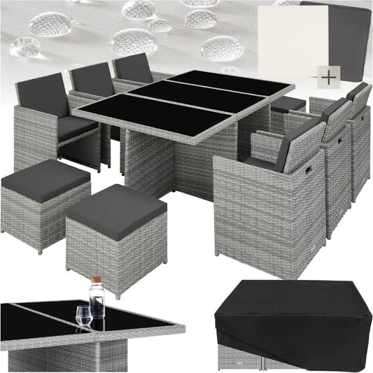 Set Mobili da Giardino in Polyrattan con Tavolo e Sedie, Alluminio, Grigio Chiaro