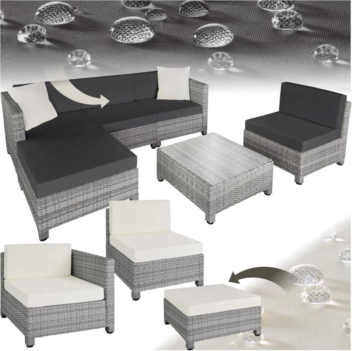 Set Mobili da Giardino in Polyrattan, Design Moderno, 4 Pezzi con Tavolo in Vetro, Cuscini Spessi 10cm, Ideale per Terrazza e Balcone - Grigio Chiaro