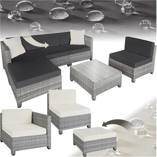 Set Mobili da Giardino in Polyrattan, Design Moderno, 4 Pezzi con Tavolo in Vetro, Cuscini Spessi 10cm, Ideale per Terrazza e Balcone - Grigio Chiaro
