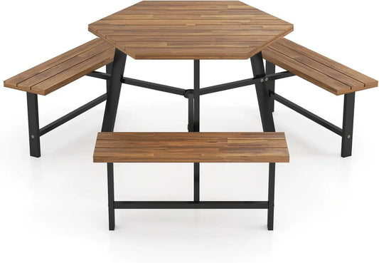 Set Tavolo da Picnic 6 Persone in Acacia con Ombrellone, Panche e Design Resistente
