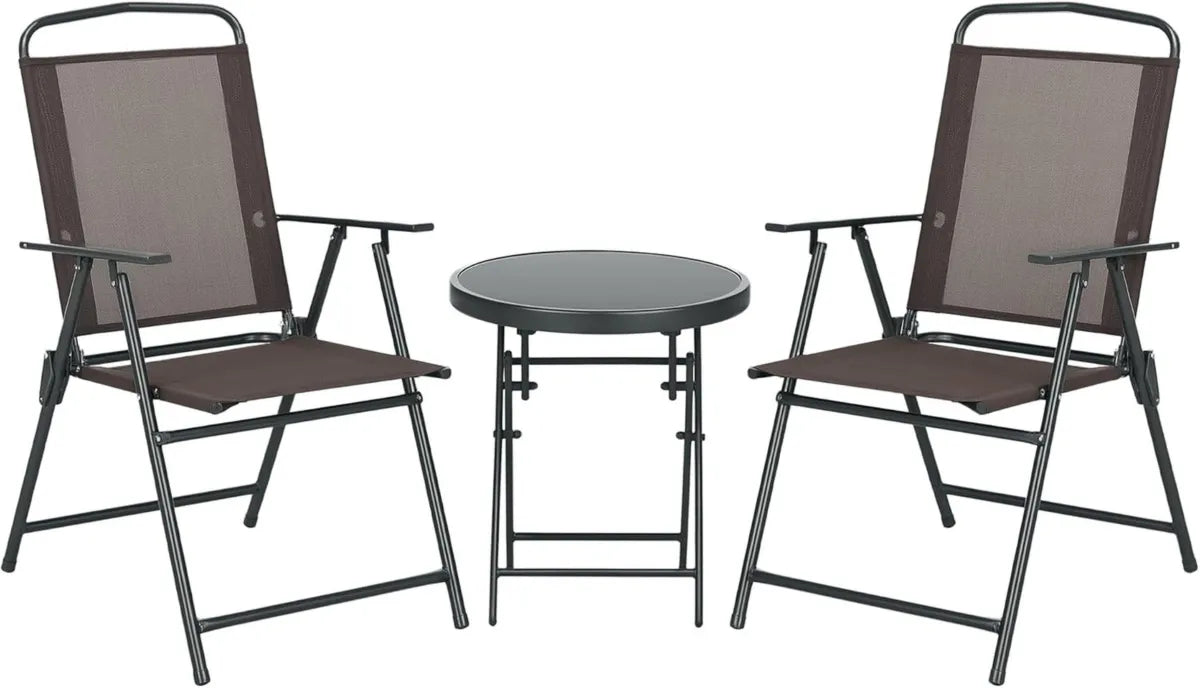 Set da Bistro in Metallo e Vetro con 2 Sedie e Tavolino Rotondo Pieghevole per Giardino, Marrone