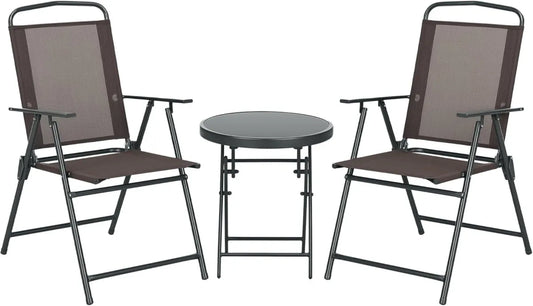 Set da Bistro in Metallo e Vetro con 2 Sedie e Tavolino Rotondo Pieghevole per Giardino, Marrone
