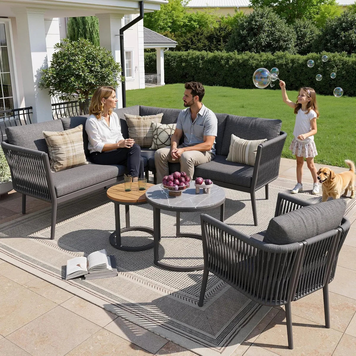 Set divano modulare da giardino per 6 persone, con panca impermeabile e cuscini, grigio